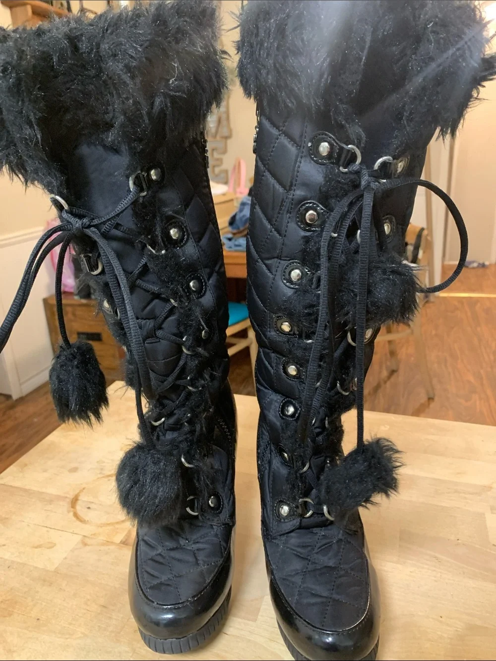 bebe Sport Black Quilted Faux-Fur Winter Lace-Up Boots